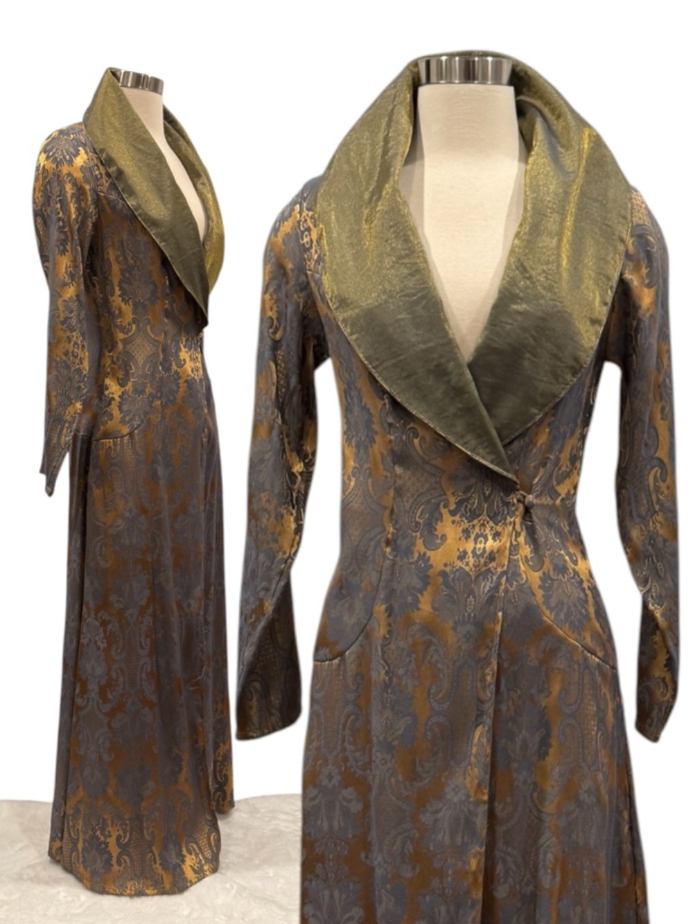 90s Victoria’s Secret Silky Gold Blue Jacquard Vintage Maxi Dressing Gown Robe